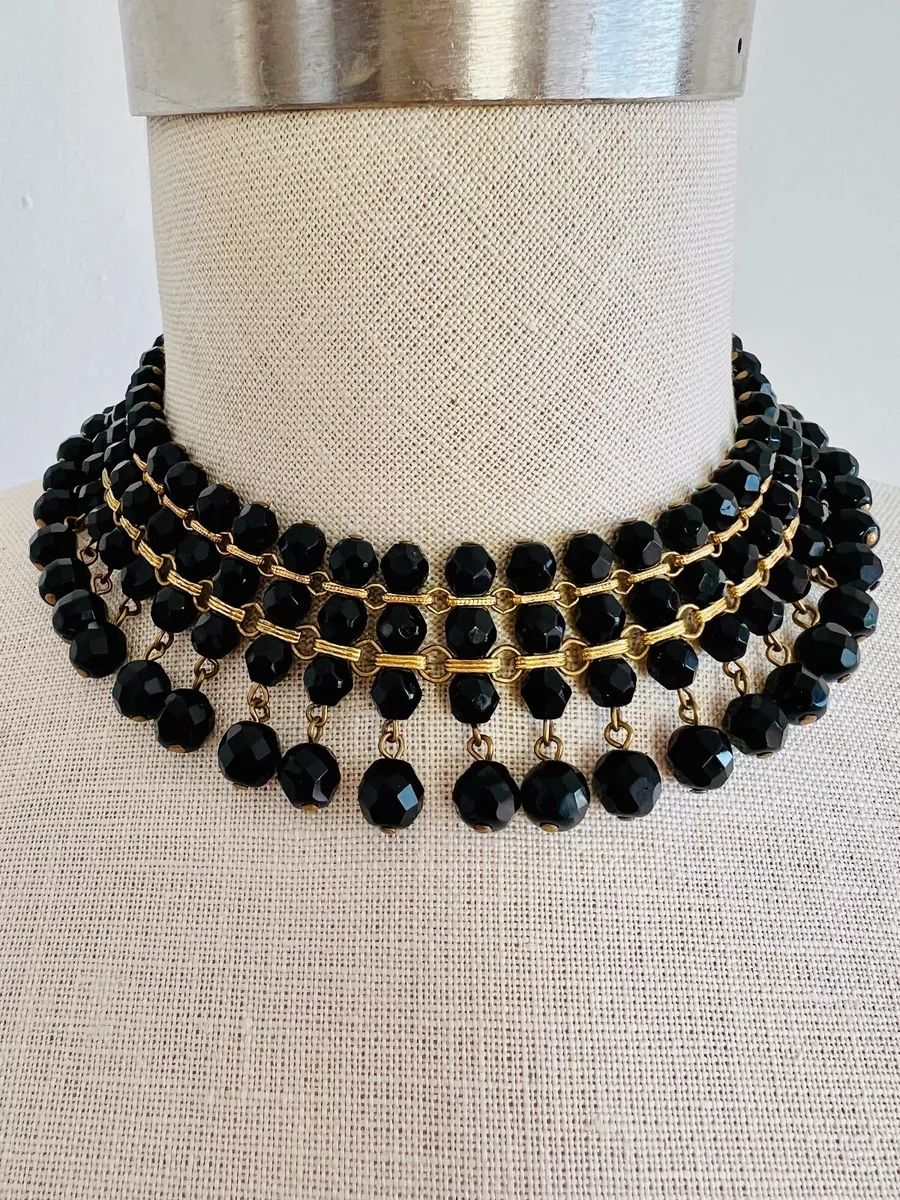 Vintage Black Gold Multi Strand Bead Choker Collar Bib Layer