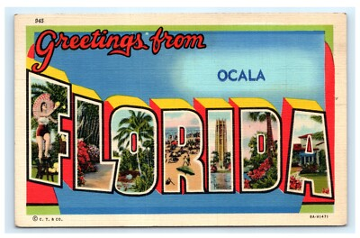 #ad Greetings from Ocala Florida Large Letter Curteich Greeting Postcard 1939 E7 $14.99
