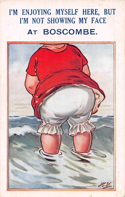 POSTKARTE COMIC BOSCOMBE DAME PADDELT GENIESST KEIN GESICHT ZU ZEIGEN