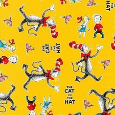 BTY DR Seuss The Cat in The Hat Characters Toss Yellow Cotton Fabric By The Yard