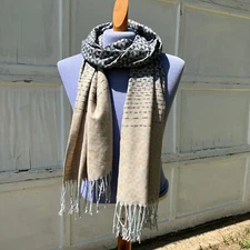 Cleo Shawl Wrap Long Scarf w/ Fringe Ends Beige Grey Woven Polyester 20x72"