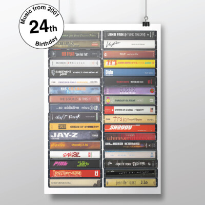 Musik von 2001 - Geschenk zum 24. Geburtstag - individueller Druck - Karte Jahrgang 2001