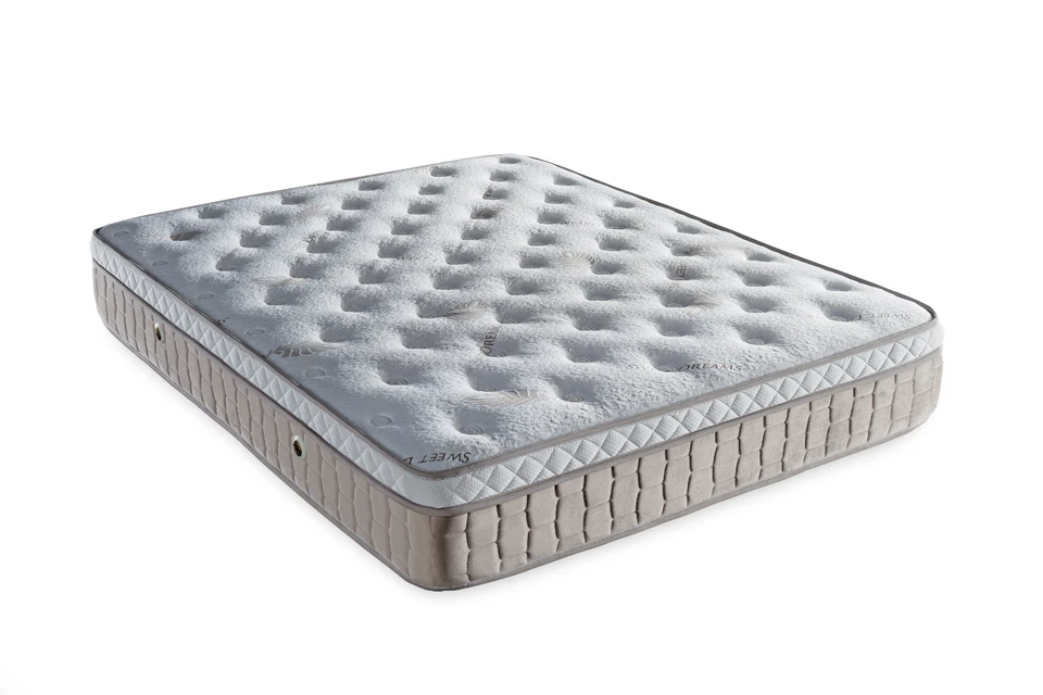 Lit moderne en daim beige avec tête de lit à grands carreaux - Photo 4/4