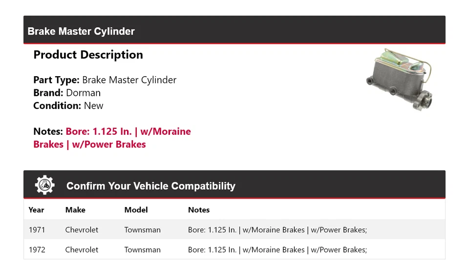 Cilindro maestro de freno para Chevrolet Townsman Dorman 1971-1972 Foto 2 de 4
