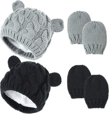 2 Set Newborn Winter Beanie Hats Gloves Kit for Baby Girls Boys Infant Toddler W