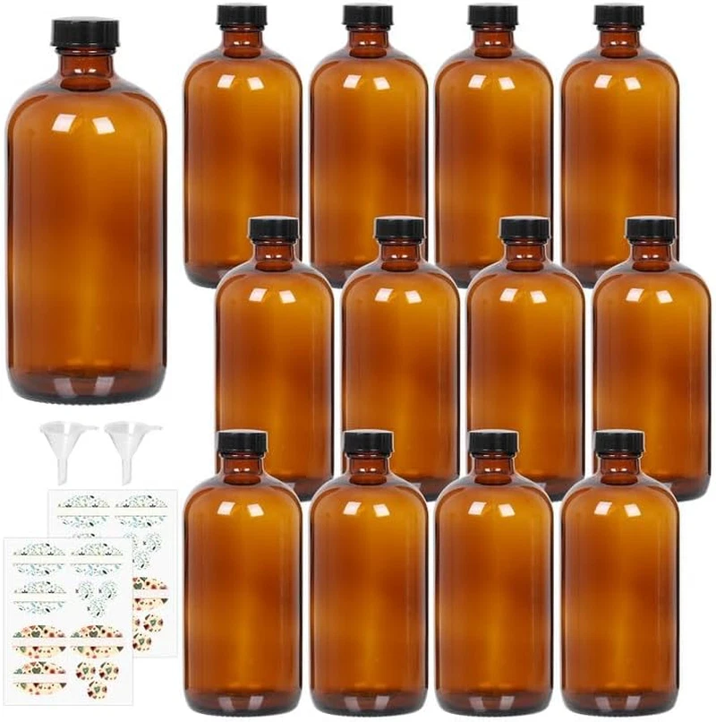 12 Pack 16 Oz Amber Glass Bottles with Lids, 480 Ml round Boston Bottles for Ess