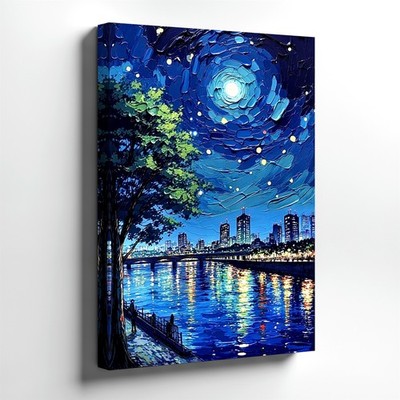 Canvas Starry Night Cityscape River Bridge Tree Blue Palette Knife Modern Print