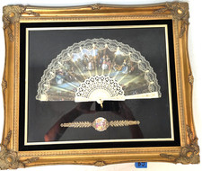 Vintage Antique French Hand Painted and Artist Signed Ladies Fan Lovely In Frame