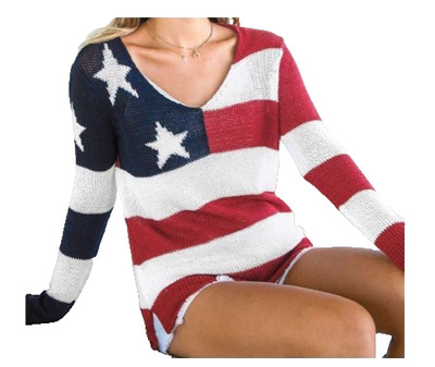 Wooden Ships Paola Buendia Red White Blue Flag V Neck Sweater 4th July M/L $148
