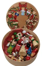 Vintage Round Wood Hand Painted Christmas Box W/15 VTG Wood Ornaments