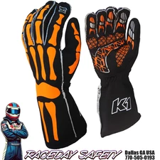 K1 RaceGear Skeleton Nomex Racing Gloves SFI 3.3/5 Black/Flo Orange Kids & Adult