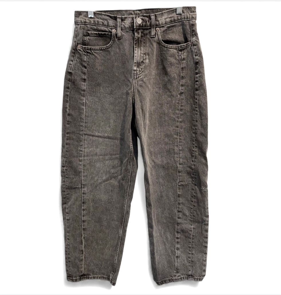 OLD NAVY Barrel Leg Jeans BAGGY SLOUCHY Faded Black Gray HIGH RISE Stretch 12