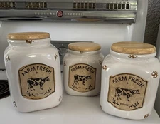 Rustic Farm Fresh Earthenware Wood Lid Square Cow Canister Set