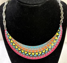 Bright Colorful Geometric Design Enamel Collar Choker Statement Necklace 21"