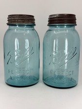 SET OF 2 BLUE BALL PERFECT MASON JARS QUART WITH ZINC LIDS  7.25" Vintage Jars