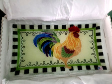 PEGGY KARR ROOSTER FUSED ART GLASS CHECKERED TRAY COUNTRY FARMHOUSE ORIGIINA BOX