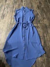 Sleeveless Button-Up Blue Shirt Dress with Waist Tie