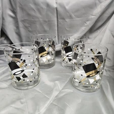 Vintage Culver Double Old Fashion Glasses Gold Black Top Hat Confetti - Set of 4