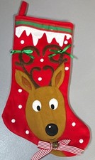 Red Felt Reindeer Christmas Stocking Polka Dot, Hanging Loop, Large 18 in