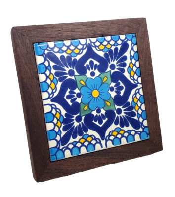 Talavera Hand Painted Tile Trivet Blue Escamilla Azul Framed in Walnut 8'' x 8''