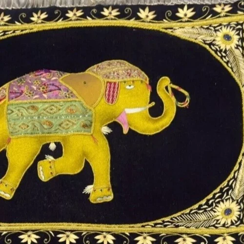 24"x12" Ornate Gold Floral Elephant Design Velvet Carpet with Hanging Home Decor - Image 2 of 4