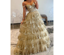 Shiny Gold Princess Ball Gown Lace Gliiter Off Shoulder Multilayer Prom Dress  