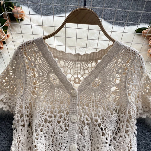 Cardigan bolero donna uncinetto spalle scoperte maglia pizzo crop top copricostume - Foto 9 di 15