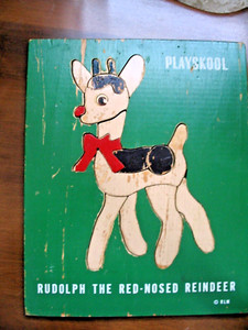 Vintage 1950's-60's Playskool Rudolph the Red-Nosed Reindeer 16 pc Wood Puzzle