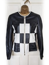 Can Pelle Black & White Real Leather Checkered Moto Biker Jacket, Size 8 - Vgc