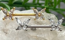 PAIR CZ Gem Wings Butterfly Nipple Rings Shields Steel Barbells