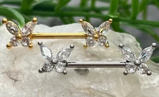 PAIR CZ Gem Wings Butterfly Nipple Rings Shields Steel Barbells
