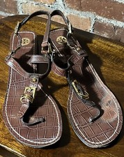 Tory Burch Sandals Croc Embossed Leather Brown Thong Gold Buckle Strappy Sz 8.5