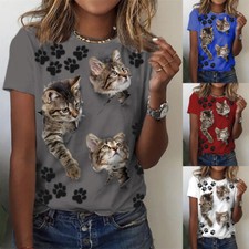 Women Short Sleeve Cat Print Tops T-Shirts Ladies Summer Casual Blouse Tee Shirt