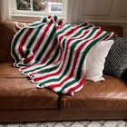 Handmade Blanket Throw Afghan Knit Green White Stripes Large Holidays Christmas