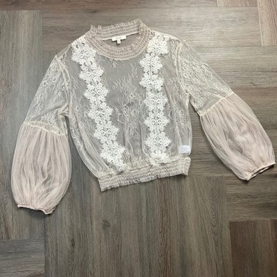 Peach Sheer Floral Lace Balloon Sleeve Regencycore Top Womens Large Blush Ivory