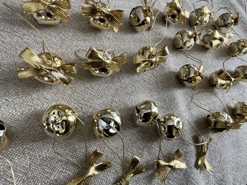 Christmas Jingle Bell Gold Ornaments with bows Lot of 22