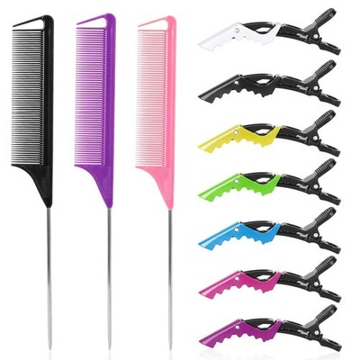 Rat Tail and Parting Combs with Styling Clips: 3 Metal Teasing Combs for Braids,