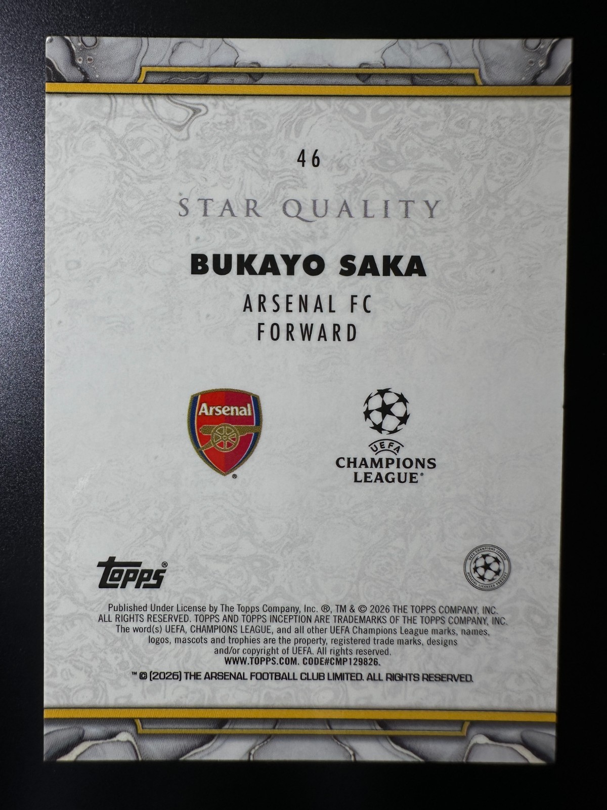 2025-26 Topps Inception UCC Soccer Star Quality Base - Bukayo Saka #46 view 2
