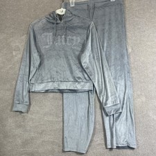 Juicy Couture Pajama Set Womens Medium Grey Velour Hoodie Pants Rhinestone JC