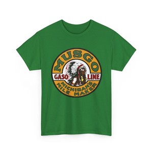 Musgo Gasoline Indian Head Logo Printed T-Shirt Vintage Petroleum Collectible