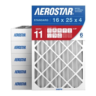 Aerostar 16x25x4 MERV 11 - 6 Count - Pleated HVAC, Furnace & 6 PACK, 11 