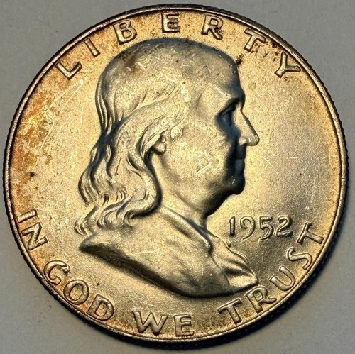 1952-D Franklin Half Dollar, BU, Toned, Possible Full Bell Lines FBL (lot 47)