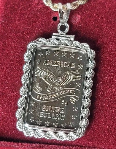 American Silver Bullion - Vintage 5 gram Bar - .999 Fine Silver Pendant/Necklace
