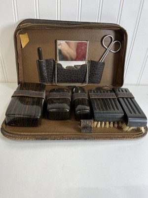 Vintage Mens Leather Travel Toiletry Kit.  8 Pieces Inc. Mirror w/Stand, Brushes