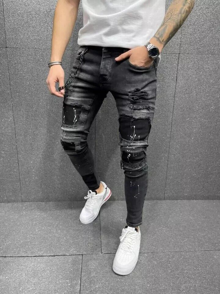 Mens Ripped Skinny Jeans Trousers Casual Stretch Slim Fit Distressed Denim  Pants | eBay