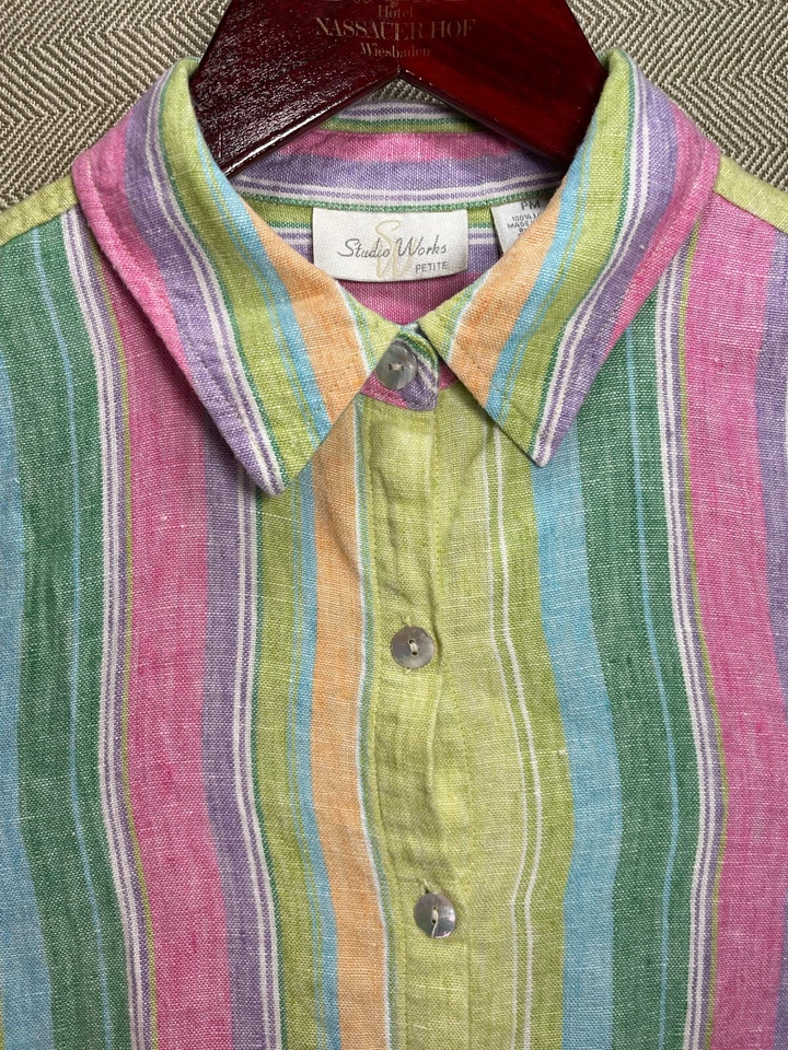 Studio Works Womens 100% Linen Casual Stripe Long Sleeve Shirt Size Petite M — 第 4/4 张图片