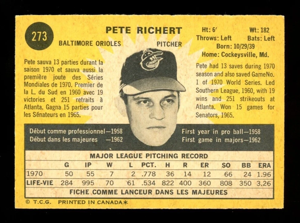 1971 TOPPS  OPC O PEE CHEE BASEBALL #273 PETE RICHERT NM BALTIMORE ORIOLES Card - Image 2 of 2