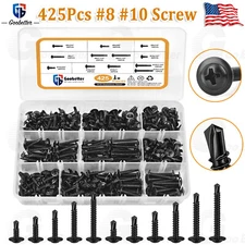 425PCS Self Tapping Black Oxide Screws Set Stainless Steel Phillips Truss Head
