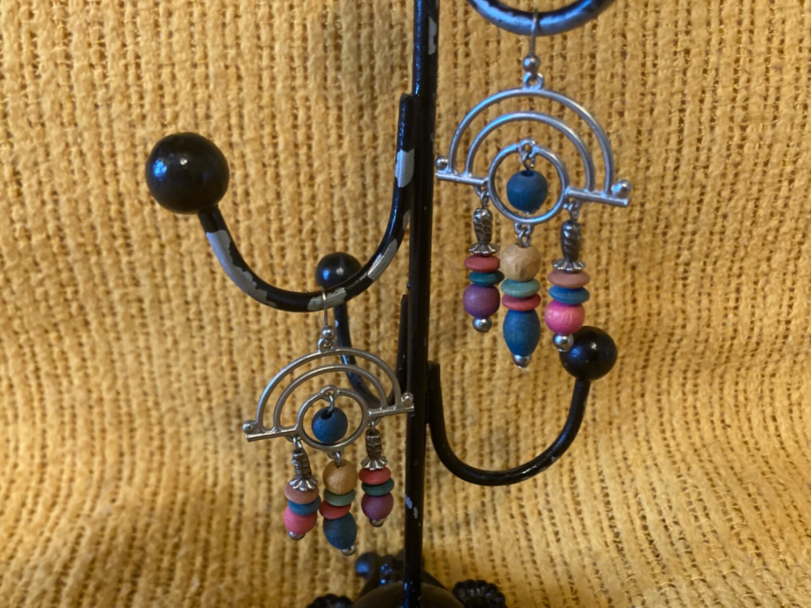 Wood Beads Art Silver-Tone Ornate Pierced Chandelier Earrings, Vintage