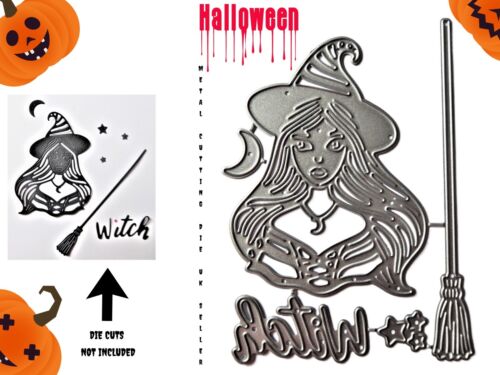 Pretty Witch Halloween Metal Cutting Die Stars Moon Broomstick Card Making UK - Afbeelding 1 van 19